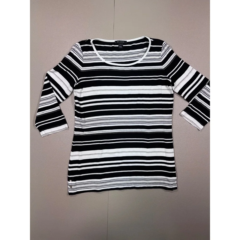 St John Womens Small Black White Striped 3/4 Sleeve Knit Top Metallic Detail